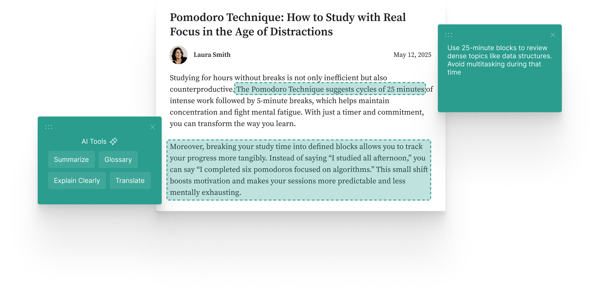 A screenshot of a webpage with highlighted text and a note